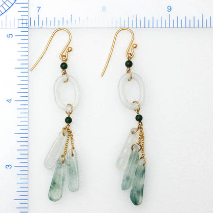14K YELLOW GOLD WHITE JADEITE JADE CIRCLE & PEA POD TASSEL EARRING UPC #395985