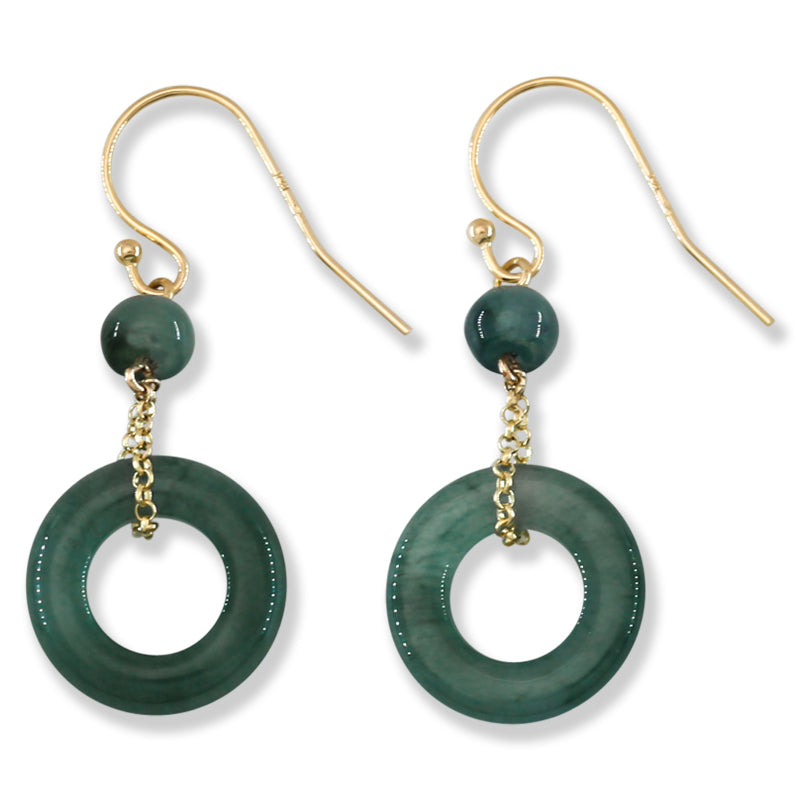 Blue Green Guatemalan Jadeite Jade Open Circle Drop 14K Yellow Gold Earring Jade Jewelry