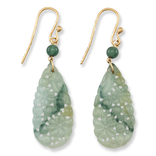 14K YELLOW GOLD WATER JADEITE JADE CARVED TEAR DROP EARRING UPC #396005