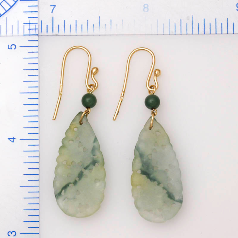 14K YELLOW GOLD WATER JADEITE JADE CARVED TEAR DROP EARRING UPC #396005