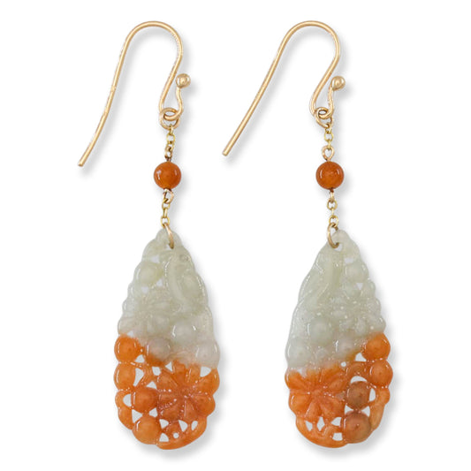 Red and Green Jadeite Jade Carved Drop 14K Yellow Gold Earrings | UPC #396166