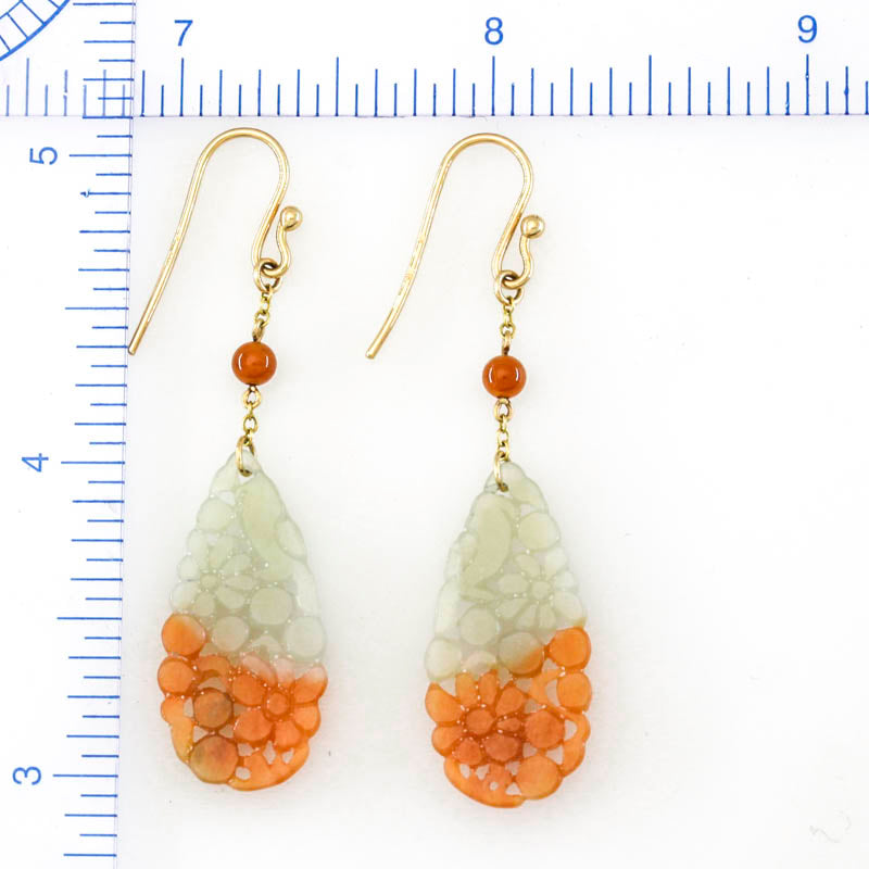 Red and Green Jadeite Jade Carved Drop 14K Yellow Gold Earrings | UPC #396166