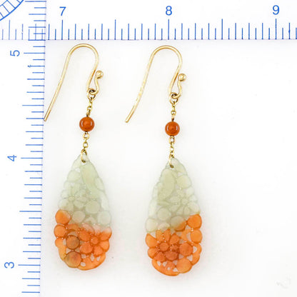 Red and Green Jadeite Jade Carved Drop 14K Yellow Gold Earrings | UPC #396166