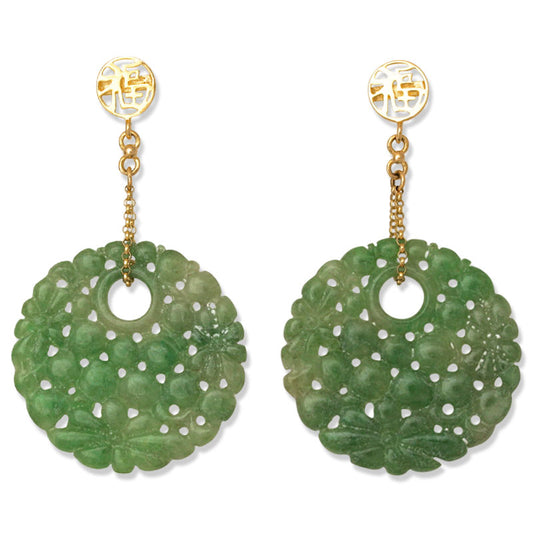14K YELLOW GOLD GREEN JADEITE JADE CARVED CIRCLE DROP EARRING UPC #396180