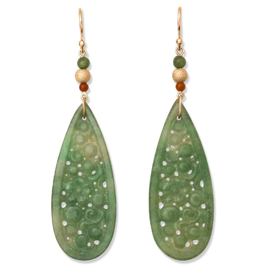 14K Yellow Gold Green Jadeite Jade Carved Floral Tear Drop Earring | UPC #396340