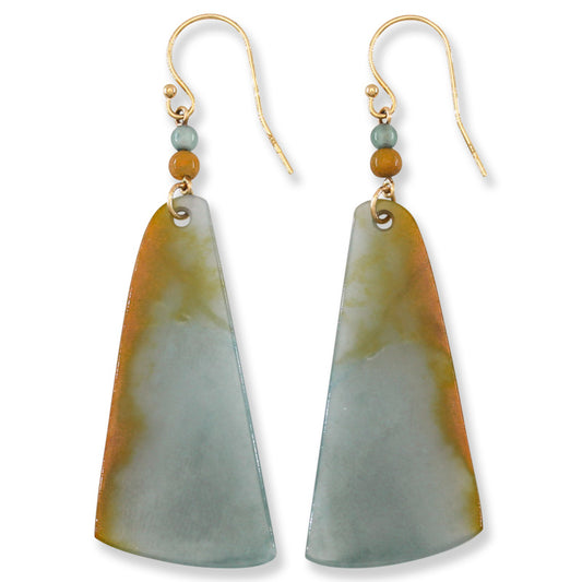 Blue Green  and Yellow Guatemalan Jadeite Jade Drop 14K Yellow Gold Earrings | UPC #402515