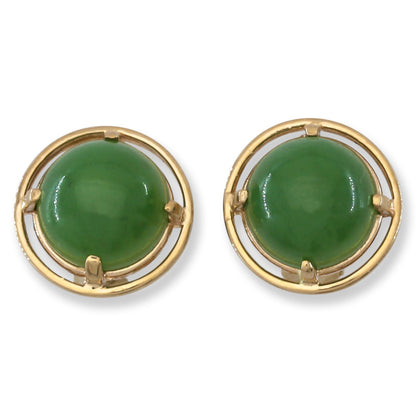 Vintage Green Nephrite Jade Round Stud Earrings in 14K Yellow Gold | UPC #400283