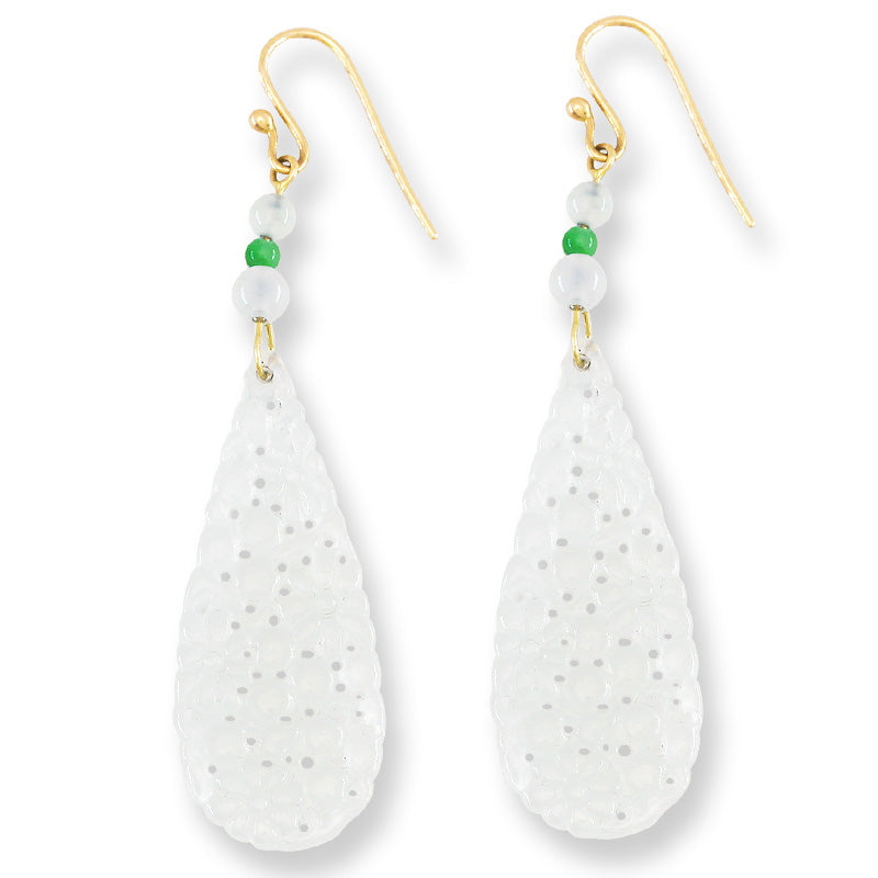 Ice Jadeite Jade Carved Drop 14K Yellow Gold Earrings | UPC #401556