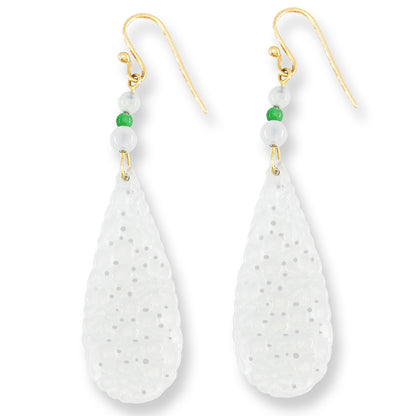 Ice Jadeite Jade Carved Drop 14K Yellow Gold Earrings | UPC #401556
