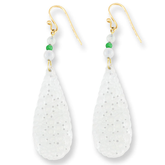 Ice Jadeite Jade Carved Drop 14K Yellow Gold Earrings | UPC #401556