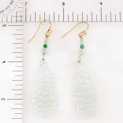 Ice Jadeite Jade Carved Drop 14K Yellow Gold Earrings | UPC #401556