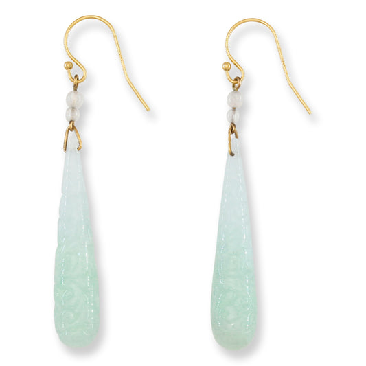 Green Jadeite Jade Tear Drop 14K Yellow Gold Earrings | UPC #402027