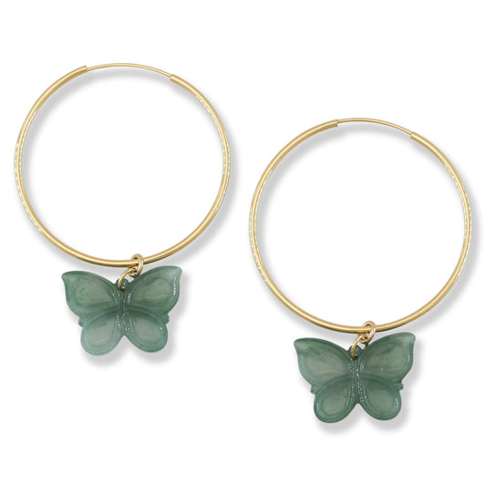 Blue Green Guatemalan Jadeite Jade Butterfly Charm on 14K Yellow Gold Hoop Earring | UPC #402324
