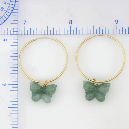Blue Green Guatemalan Jadeite Jade Butterlfy Charm On 14K Yellow Gold Hoop Earring Jade Jewelry