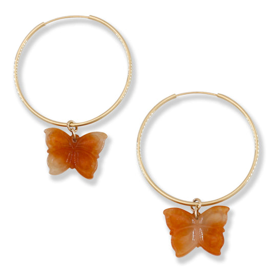 Red Jadeite Jade Butterfly Charm on 14K Yellow Gold Hoop Earring | UPC #402317