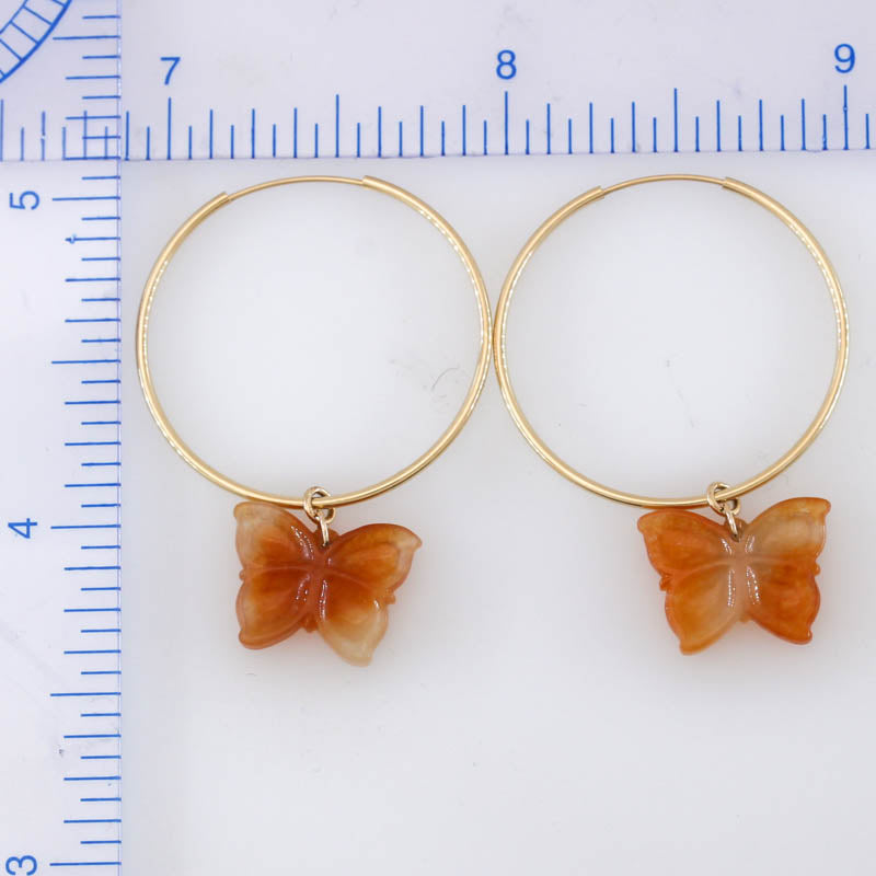Red Jadeite Jade Butterlfy Charm On 14K Yellow Gold Hoop Earring Jade Jewelry