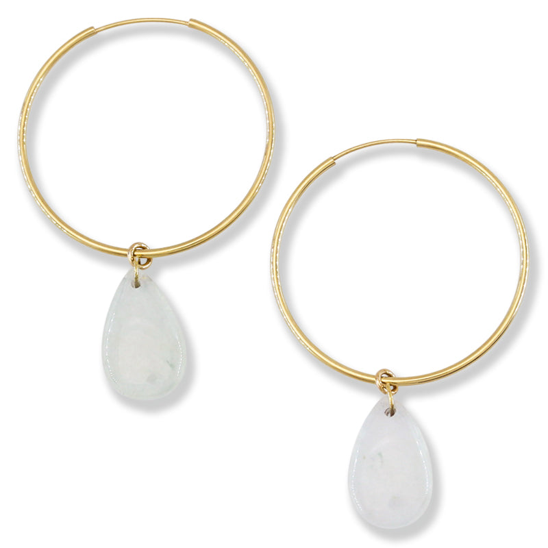 Ice Jadeite Jade Tear Drop Charm on 14K Yellow Gold Hoop Earring | UPC #402331