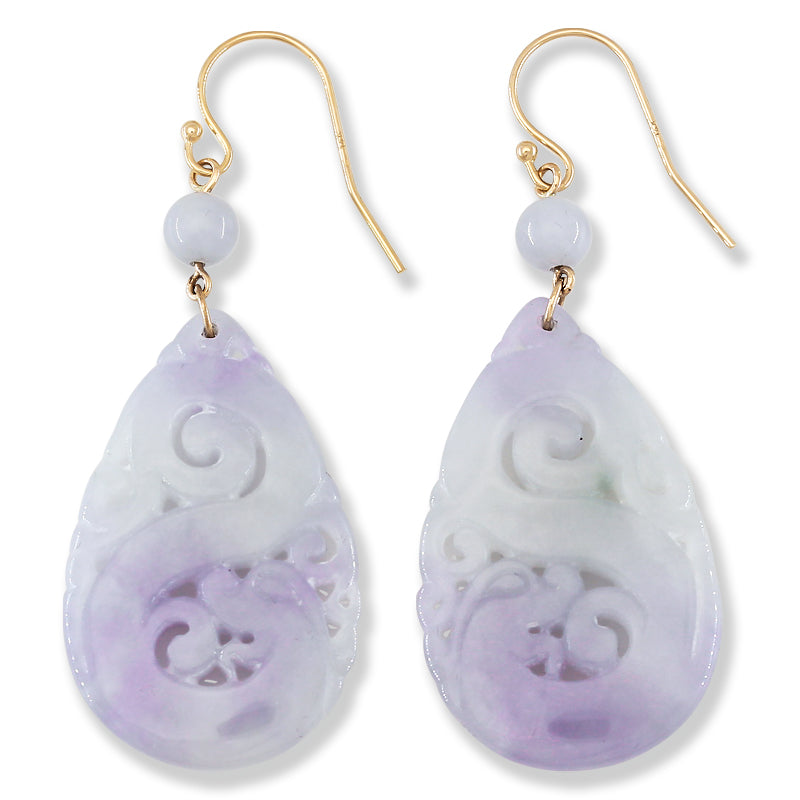 Lavender Jadeite Jade Carved Dragon Tear Drop 14K Yellow Gold Earring | UPC #402348
