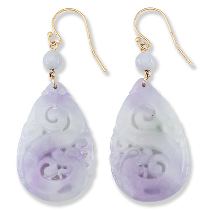 Lavender Jadeite Jade Carved Dragon Tear Drop 14K Yellow Gold Earring | UPC #402348