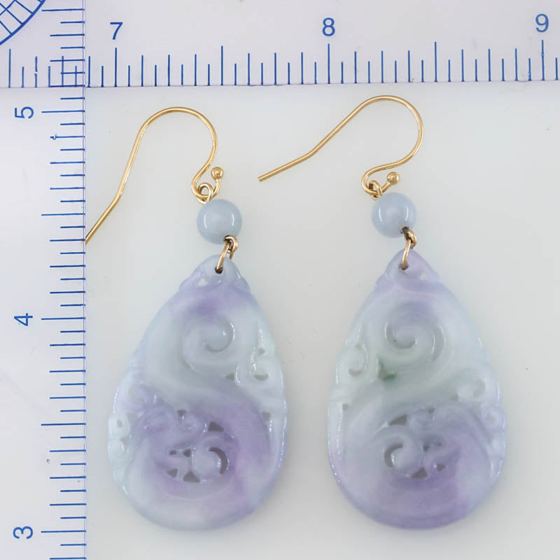 Lavender Jadeite Jade Carved Dragon Tear Drop 14K Yellow Gold Earring | UPC #402348