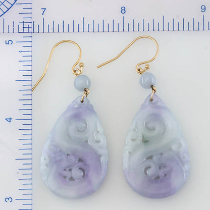 Lavender Jadeite Jade Carved Dragon Tear Drop 14K Yellow Gold Earring | UPC #402348
