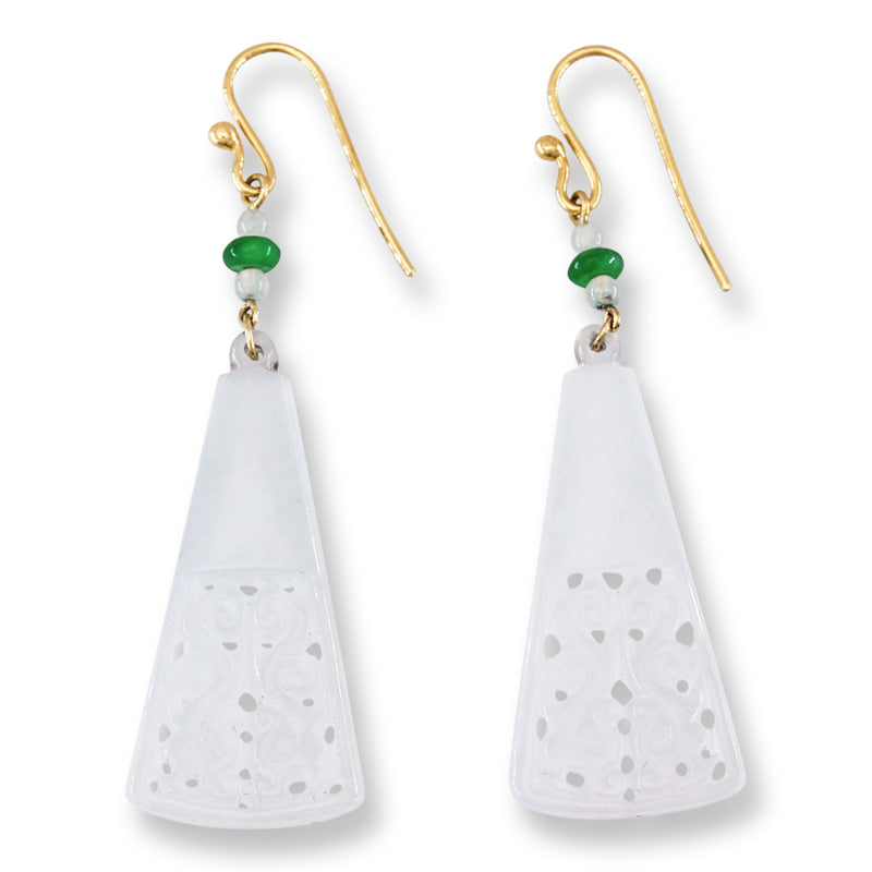 Ice Jadeite Jade Carved Double Dragon Drop 18K Yellow Gold Earrings | UPC #403055