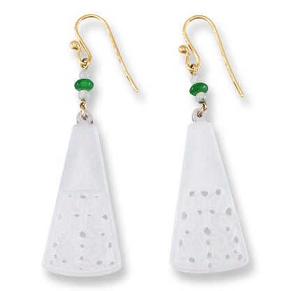 Ice Jadeite Jade Carved Double Dragon Drop 18K Yellow Gold Earrings | UPC #403055