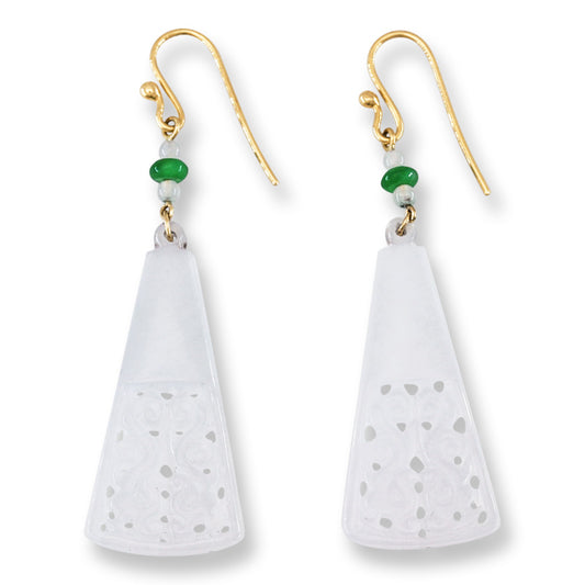 Ice Jadeite Jade Carved Double Dragon Drop 18K Yellow Gold Earrings | UPC #403055