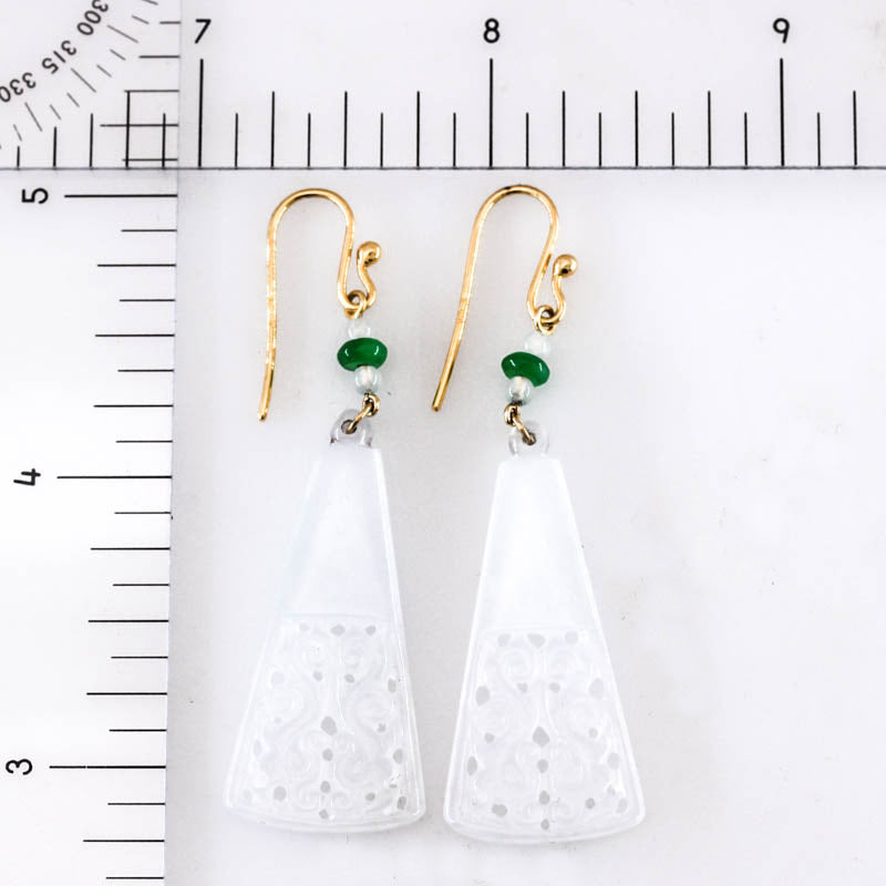 Ice Jadeite Jade Carved Double Dragon Drop 18K Yellow Gold Earrings | UPC #403055