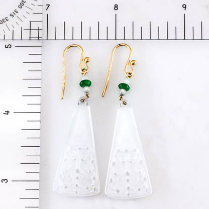 Ice Jadeite Jade Carved Double Dragon Drop 18K Yellow Gold Earrings | UPC #403055