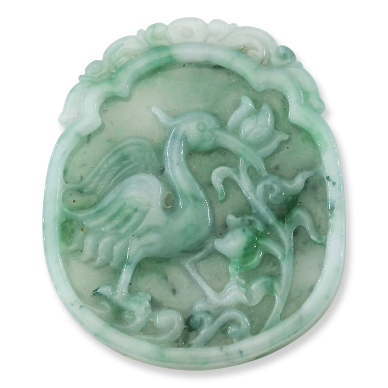 GREEN JADEITE JADE LOOSE CARVED CRANE, LOTUS AND BAT UPC #315044