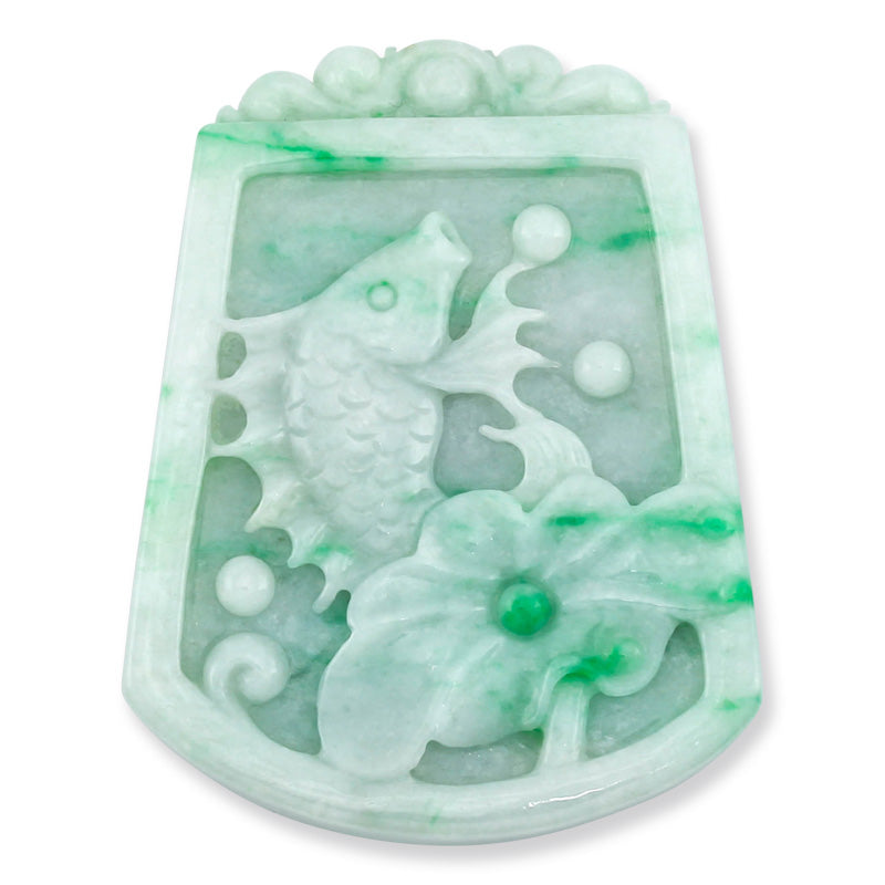 GREEN JADEITE JADE LOOSE CARVED FISH, LOTUS FLOWER AND LING ZHI UPC #331679