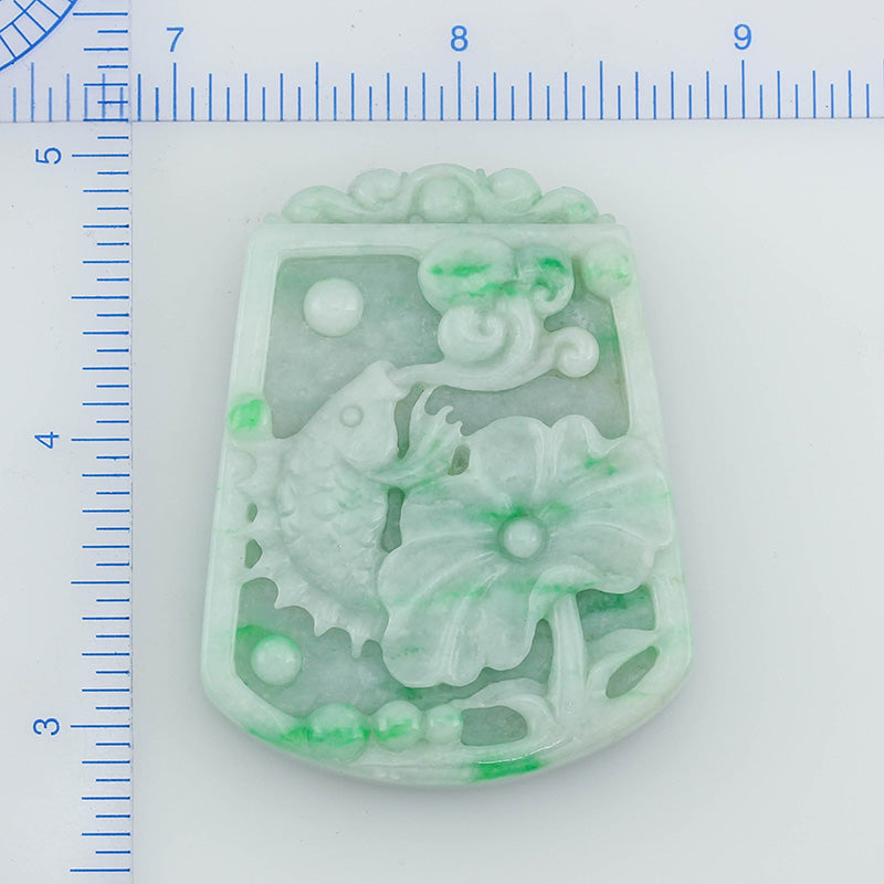 GREEN JADEITE JADE LOOSE CARVED FISH, LOTUS FLOWER AND LING ZHI UPC #331679