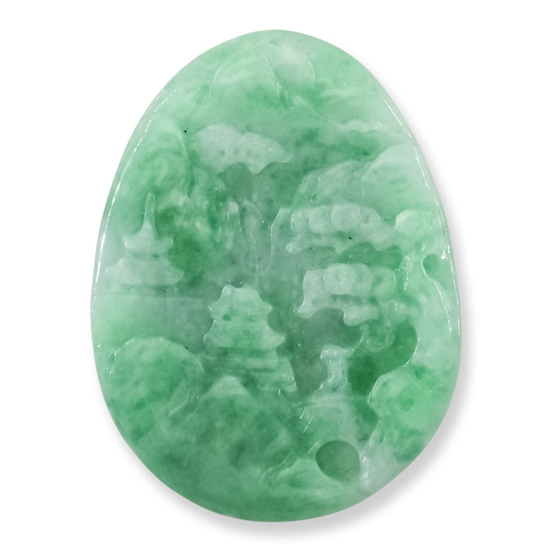 Loose Green Jadeite Jade Carved Mountain Village Scene | UPC #377684