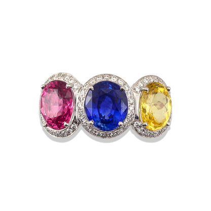 PINK, BLUE AND YELLOW SAPPHIRE WITH DIAMOND SAPPHIRE PLATINUM RING UPC #292468