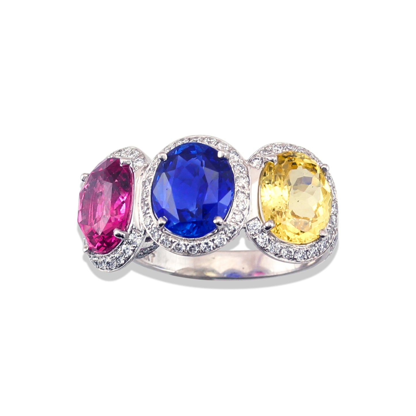 PINK, BLUE AND YELLOW SAPPHIRE WITH DIAMOND SAPPHIRE PLATINUM RING UPC #292468