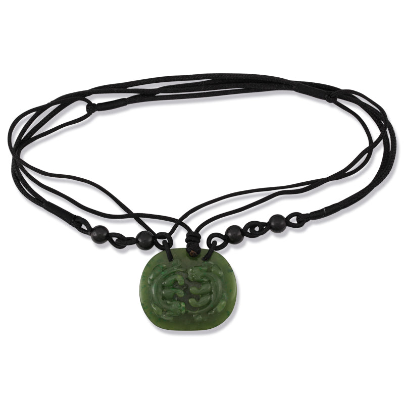 Green Nephrite Jade Carved Double Dragon Necklace | UPC #287396