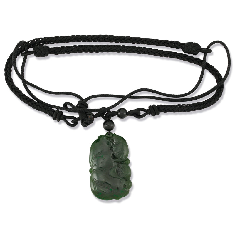 Green Nephrite Jade Carving | Jade Fish and Lotus Necklace on Cord | UPC #297654