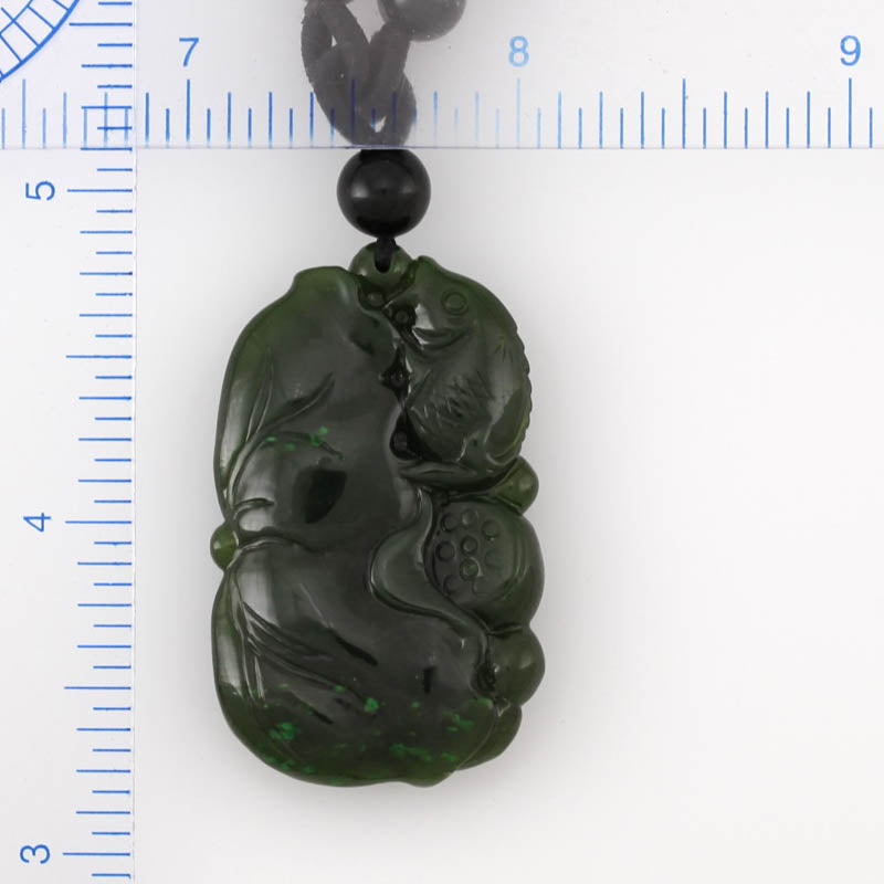 Green Nephrite Jade Carving | Jade Fish and Lotus Necklace on Cord | UPC #297654