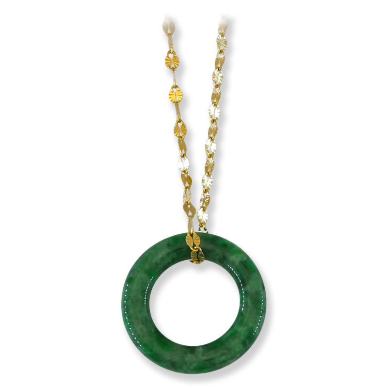 Green Jadeite Jade Open Circle Necklace on 14K Yellow Gold Chain | UPC #403543