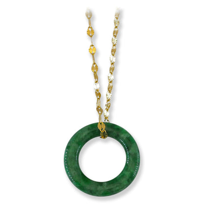 Green Jadeite Jade Open Circle Necklace on 14K Yellow Gold Chain | UPC #403543