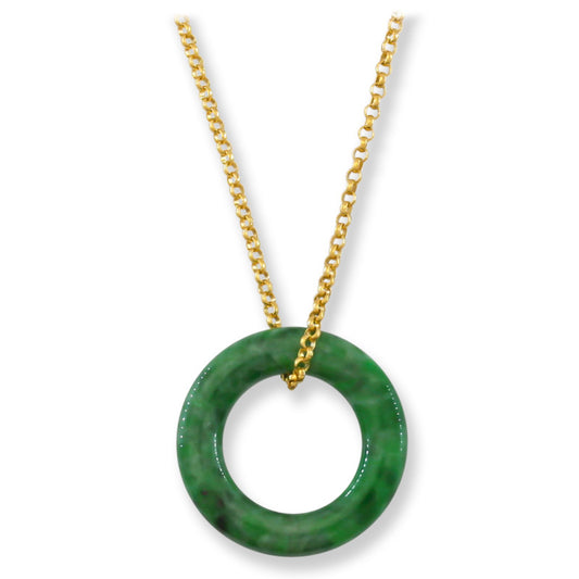 Green Jadeite Jade Circle Necklace on 14K Yellow Gold Chain | UPC #398849