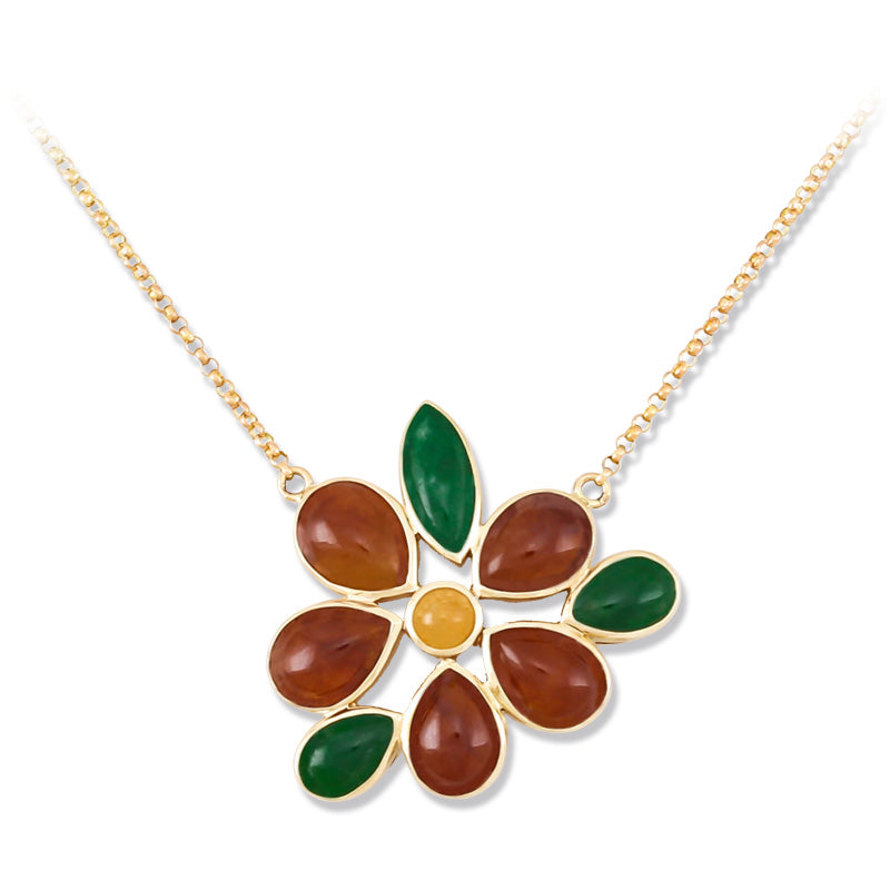 14K YELLOW GOLD GREEN & RED JADEITE JADE CLUSTER NECKLACE UPC #360310