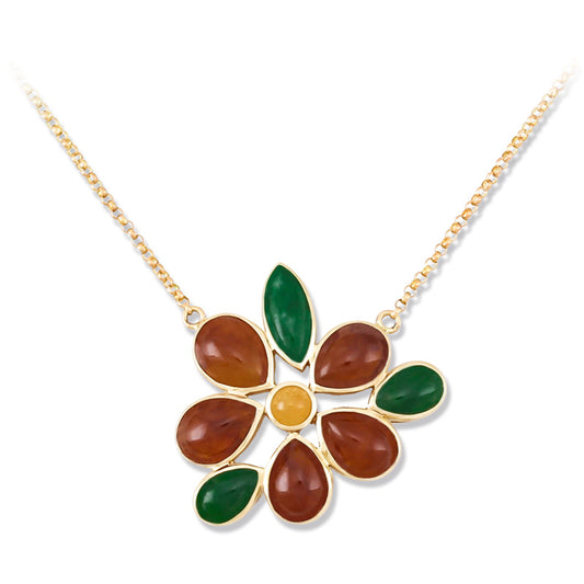 14K YELLOW GOLD GREEN & RED JADEITE JADE CLUSTER NECKLACE UPC #360310