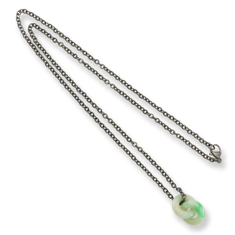 Green Jadeite Jade Interlocking Double Ring Necklace on 20" Steel Chain | UPC #398771