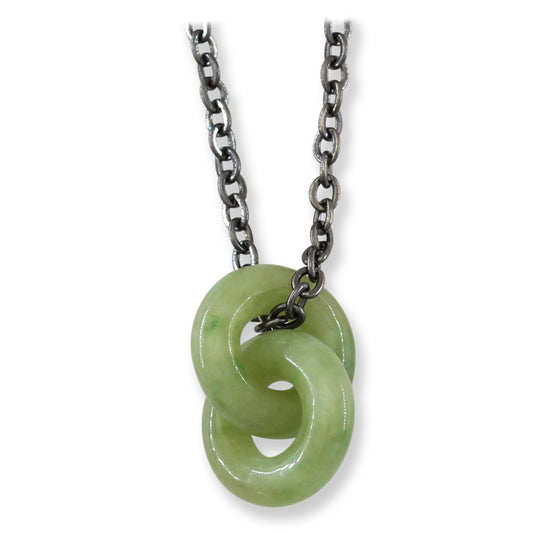 Green Jadeite Jade Interlocking Double Ring Necklace on 20" Steel Chain | UPC #398788