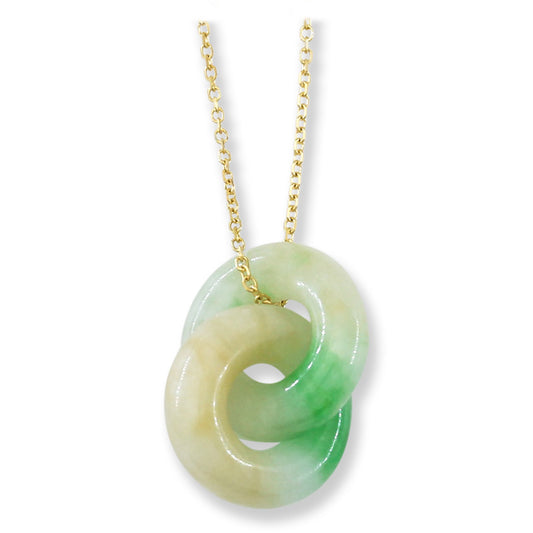 Green and White Jadeite Jade Double Interlocking Rings in 14K Yellow Gold Chain | UPC #398801