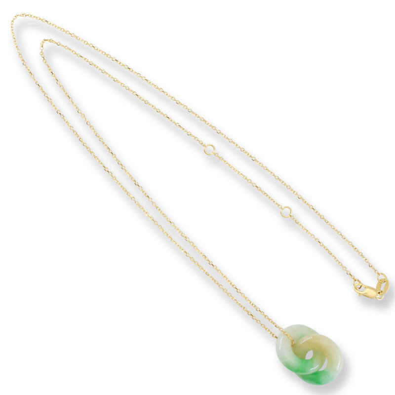 Green and White Jadeite Jade Double Interlocking Rings in 14K Yellow Gold Chain | UPC #398801