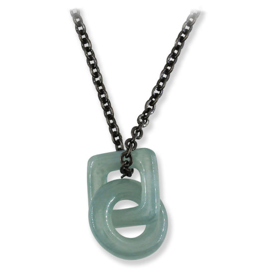 Blue Green Jadeite Jade Interlocking Double Ring Necklace on 20" Steel Chain | UPC #404199