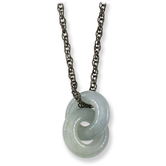 Smoky Grey Lavender Jadeite Jade Interlocking Double Ring Necklace on 20" Steel Chain | UPC #398795